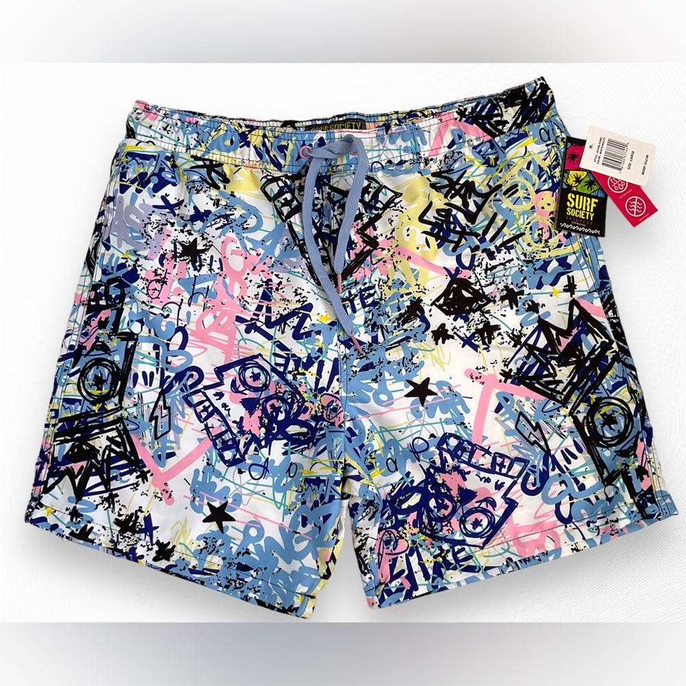NWT SURF SOCIETY MENS SWIM TRUNK SHORTS SIZE LARGE MULTICOLOR